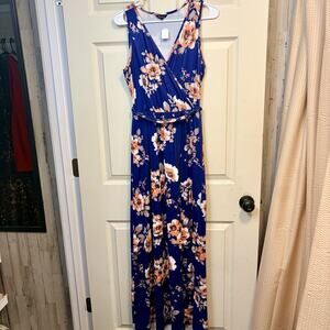 Downeast Blue Floral Maxi Dress V-Neck Sleeveless Tie Waist Size M